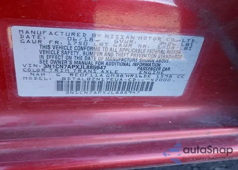 2018 Nissan Versa Sv z USA, uszkodzony, nr VIN 3N1CN7APXJL885947